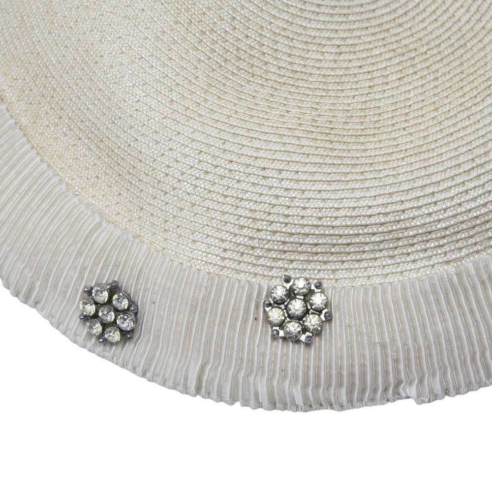 Vintage 50s Ivory Platter Hat w Rhinestone & Pleated Trim 11" Across - Hey Viv - Picture 6 of 9